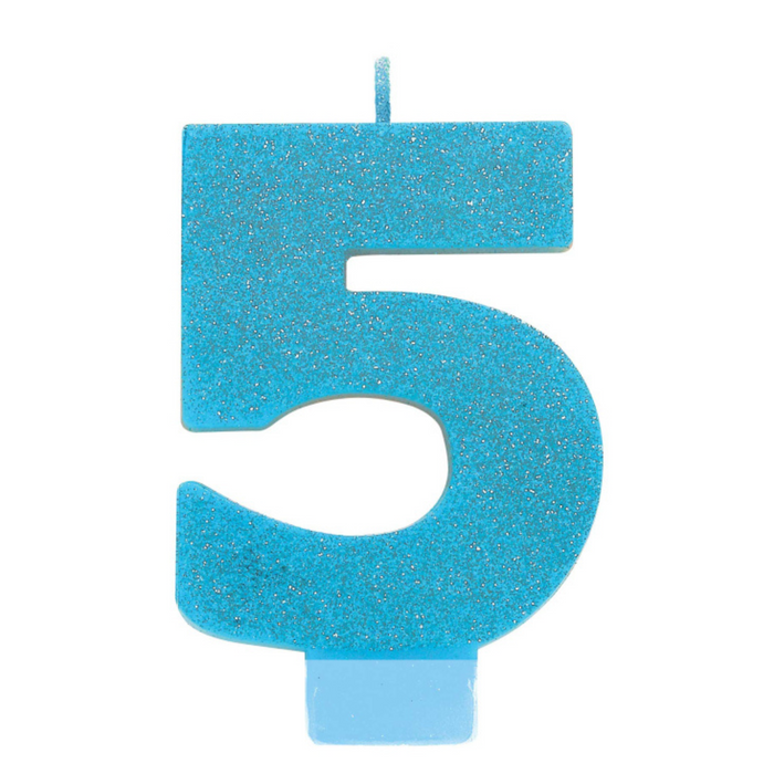 #5 Blue Gltr Numeral Candle