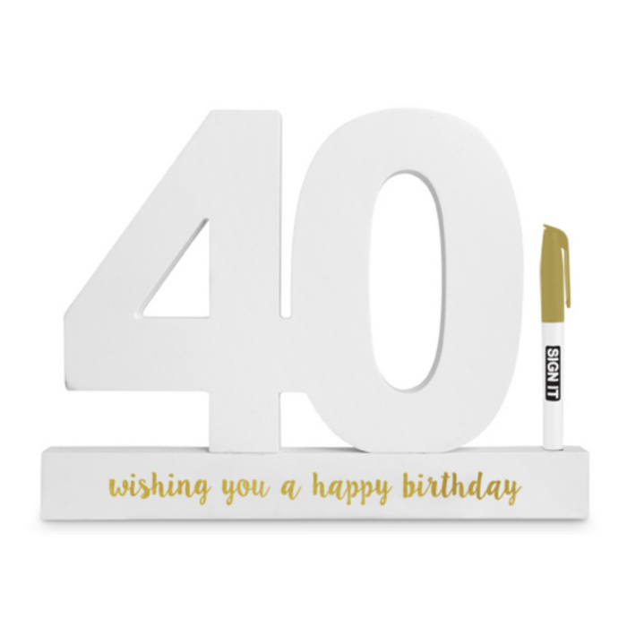 Happy 40th Signature Block 40 White with Gold Text