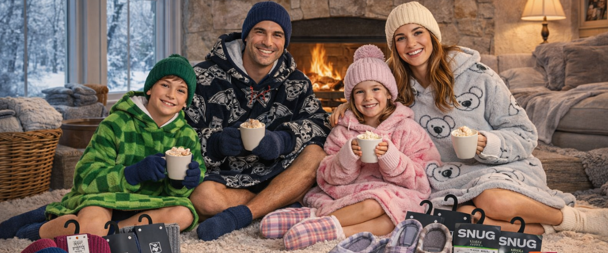 Winter collection display featuring hoodies, lounge pants, gloves, socks, slippers, beanies, scarves, soft blankets, pet accessories and yarn styled for an Australian winter setting.