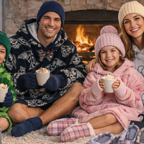 Winter collection display featuring hoodies, lounge pants, gloves, socks, slippers, beanies, scarves, soft blankets, pet accessories and yarn styled for an Australian winter setting.