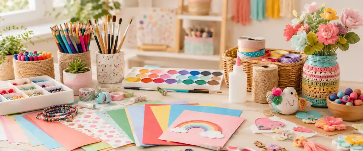 Arts and crafts collection featuring creative supplies, craft materials and accessories for DIY projects, school activities and hobbies.