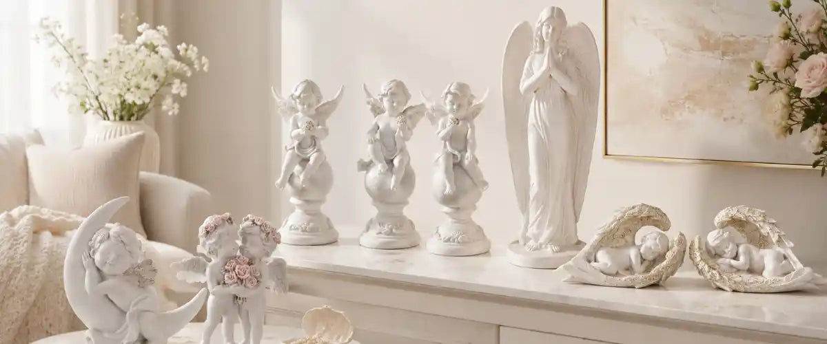 Angel decorations featuring elegant and festive designs for Christmas displays, tabletops, mantels and seasonal home décor.