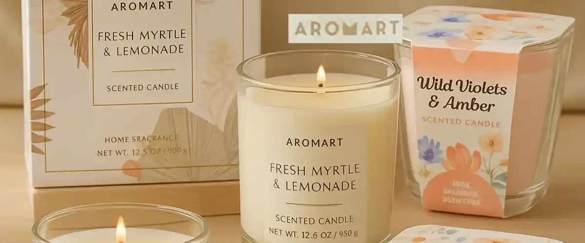 Aromart Fresh Myrtle & Lemonade and Wild Violets & Amber scented candles in glass jars with decorative floral packaging.