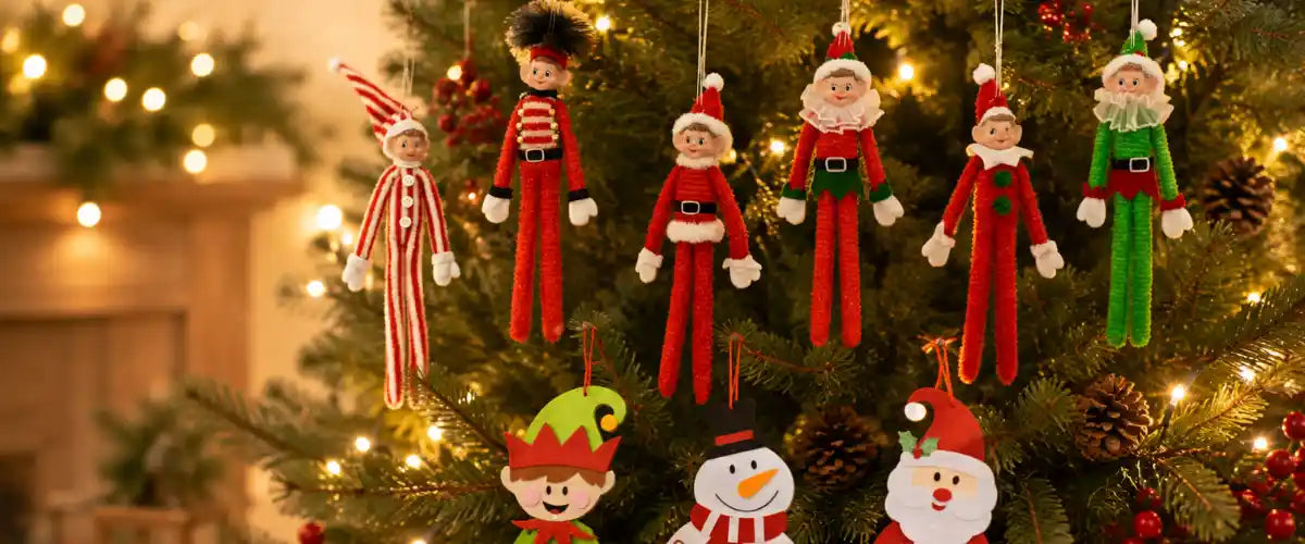 Assorted Christmas Ornaments featuring festive baubles, hanging decorations and seasonal accents in a variety of colours, shapes and holiday designs.