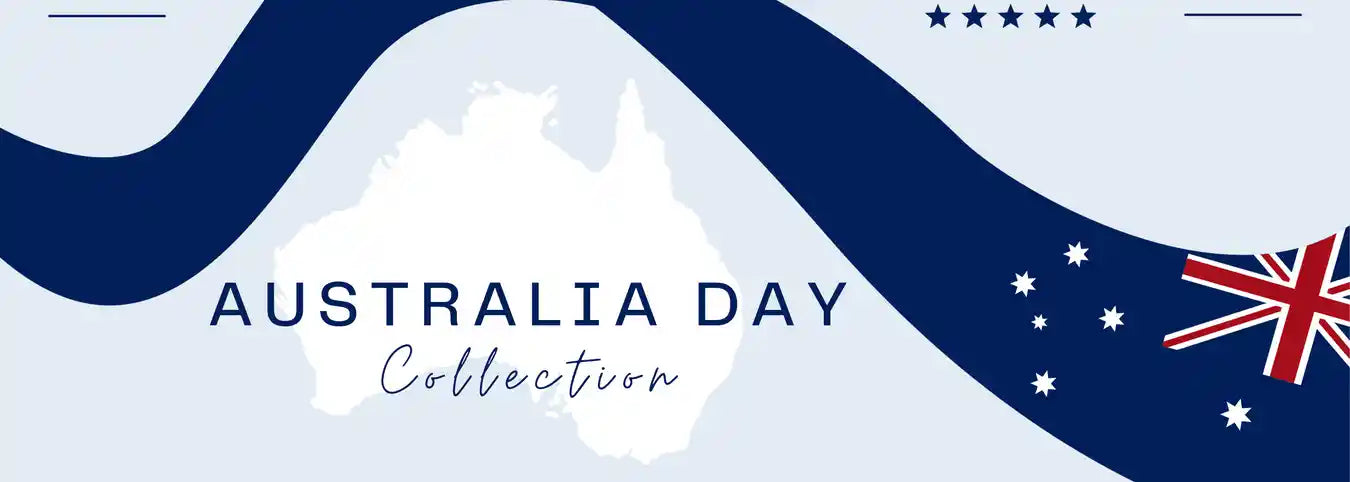 Australia Day decorations featuring patriotic red, white and blue décor, flags and festive accessories for parties, BBQs and celebrations.