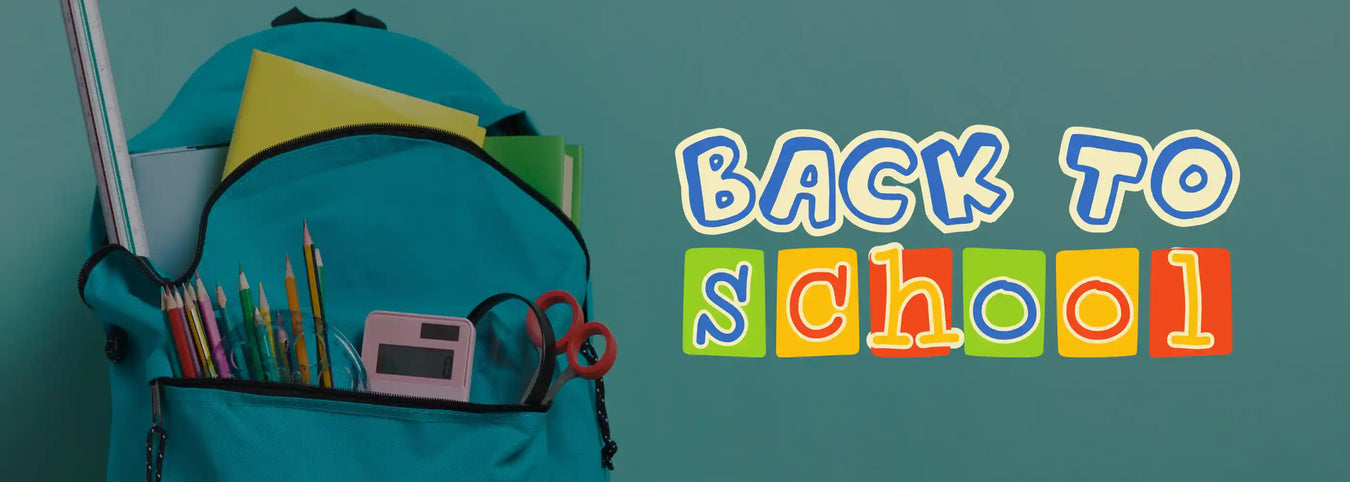 Back to school banner featuring a blue backpack filled with notebooks, coloured pencils, scissors and a calculator alongside colourful “Back to School” text.