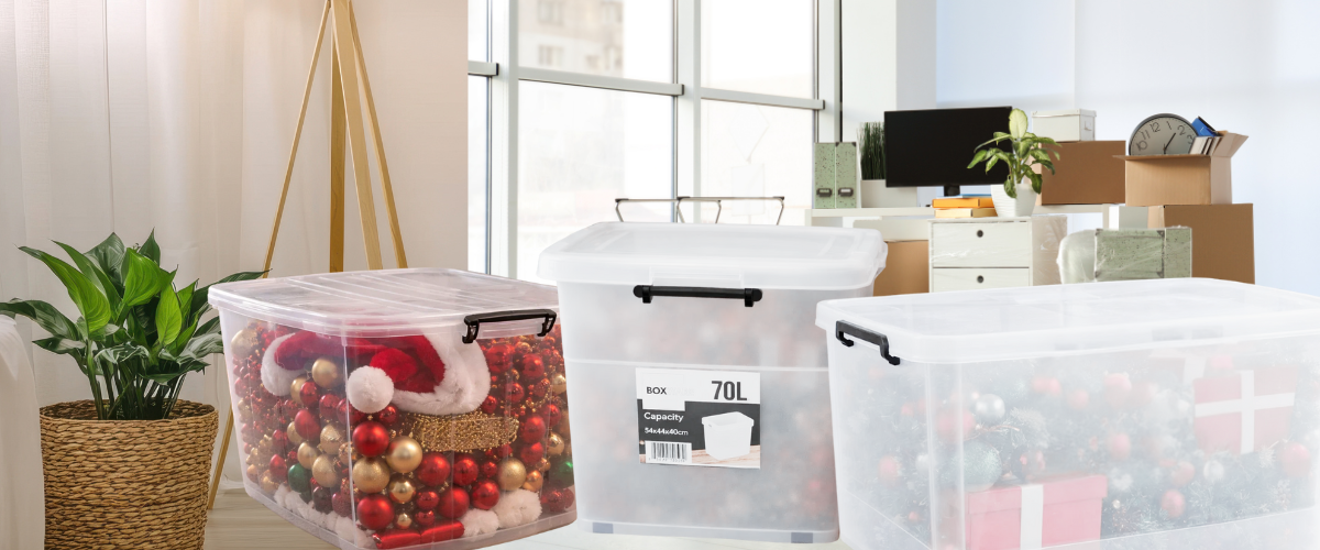 Plastic storage tub with lid, black handles, and stackable design