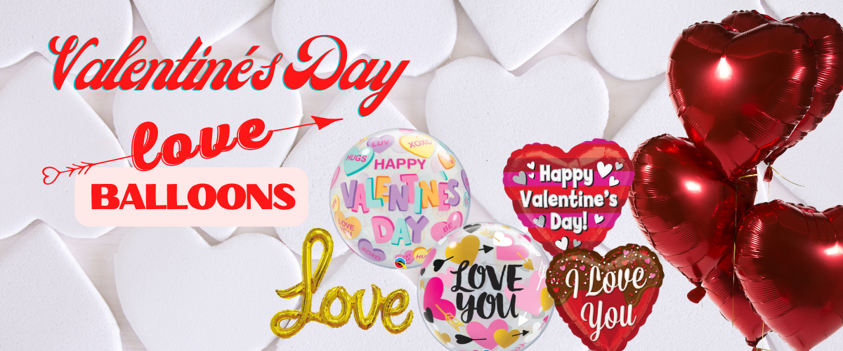 Valentine’s Day balloons display with heart-shaped balloons and script foil balloon for party and surprise setup