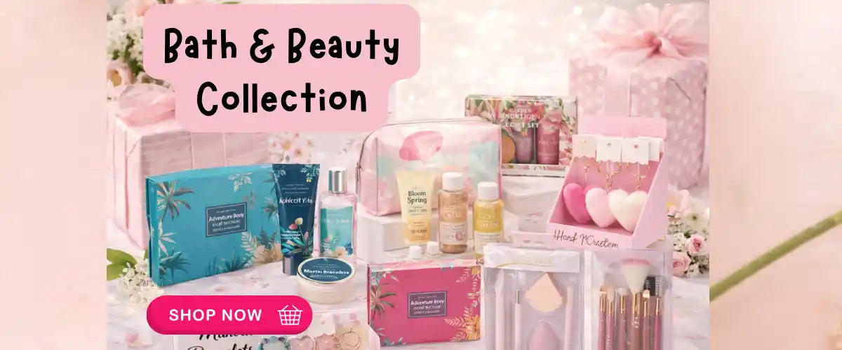 Bath and beauty collection featuring hand and body care, bath gift sets, makeup gifts, and home fragrance candles and diffusers.
