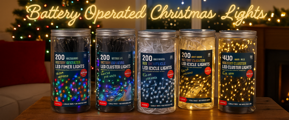 Battery operated LED cluster lights wrapped around Christmas decor
