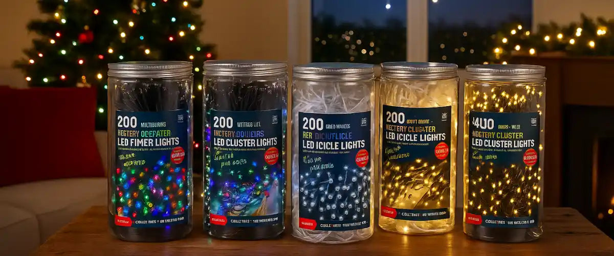 Battery operated lights featuring convenient decorative illumination for Christmas displays, shelves, tables, wreaths and indoor seasonal décor.