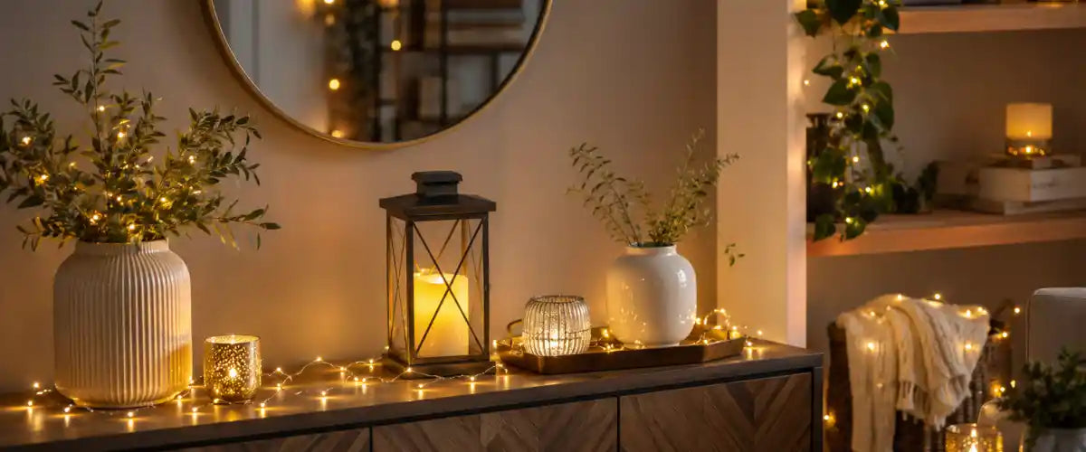 Battery operated decor lights featuring flexible decorative illumination for Christmas displays, shelves, tables, wreaths and indoor seasonal décor.