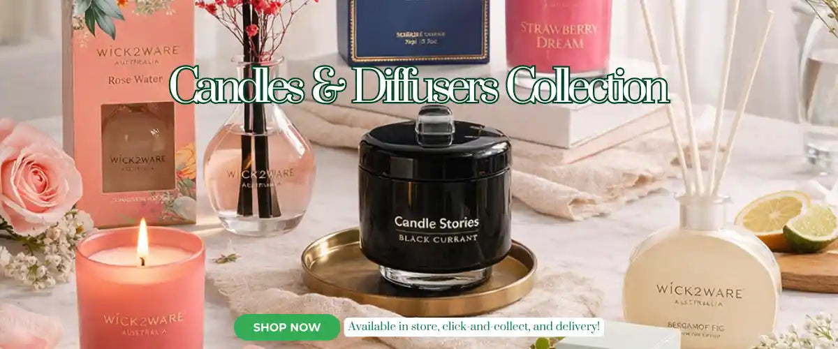 Candles & Diffusers: All Seasons Homewares collection featuring scented candles, reed diffusers and elegant home fragrances styled for modern Australian homes throughout every season.