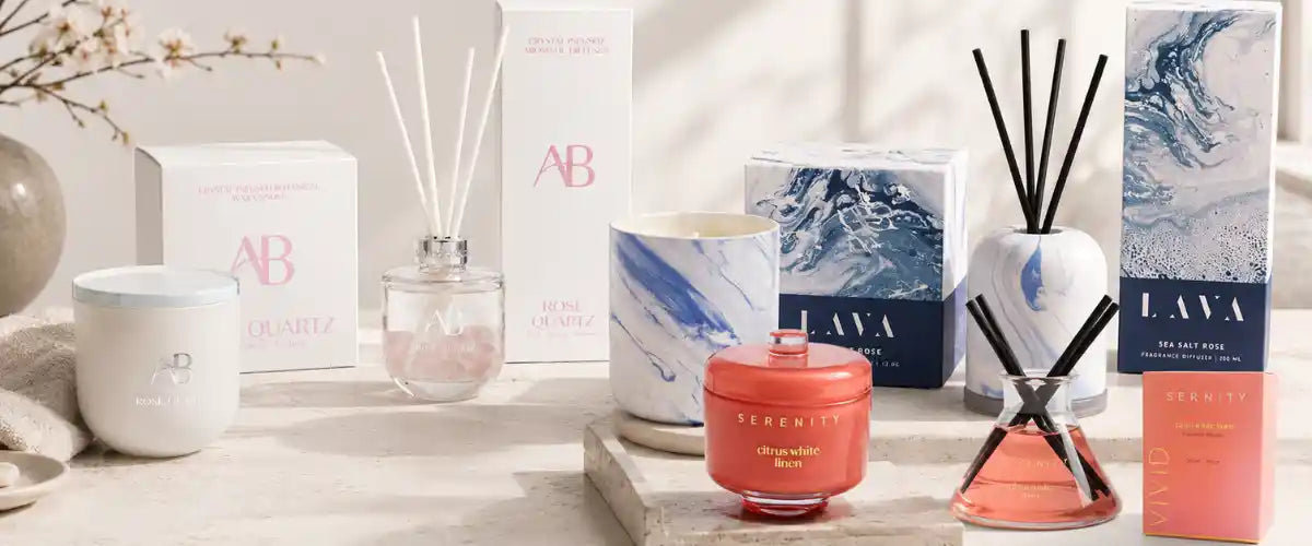 Candles & Diffusers Collection featuring scented candles, reed diffusers and home fragrance products designed to create a warm and inviting atmosphere.