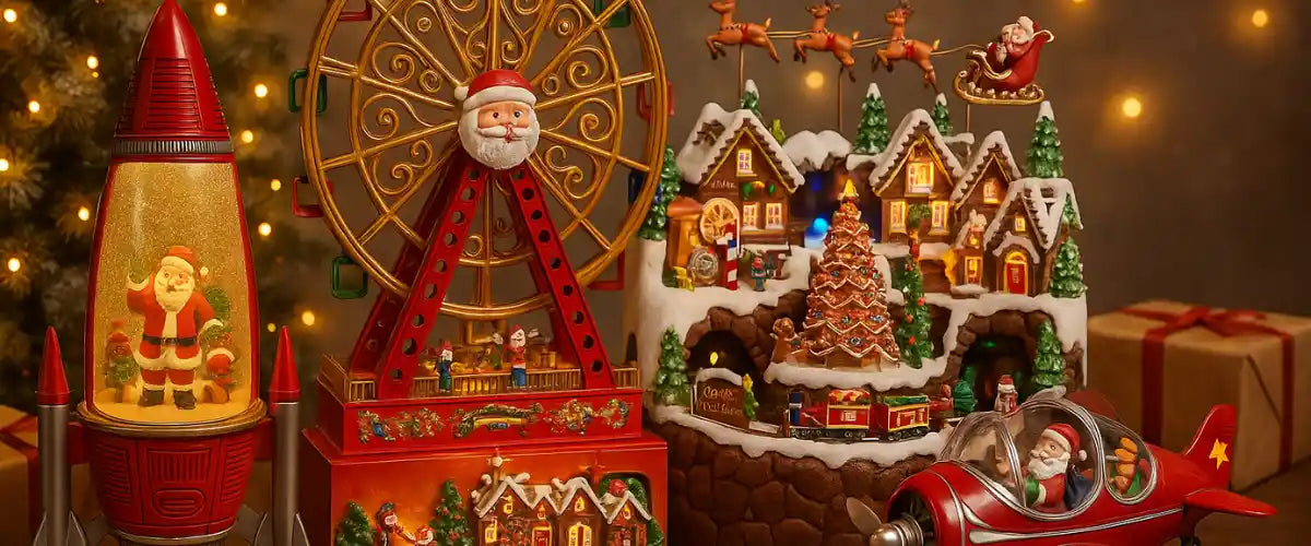 Christmas Animated Decorations featuring festive moving Santa, elf and holiday character displays designed to bring fun, light and movement to Christmas décor.