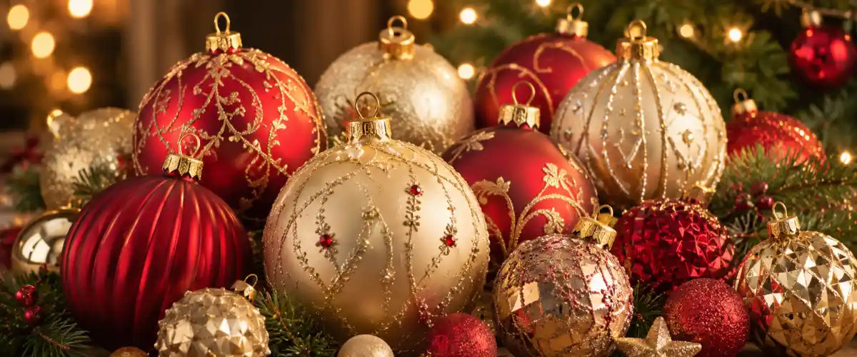 Christmas baubles collection with assorted festive ornaments for tree decorating