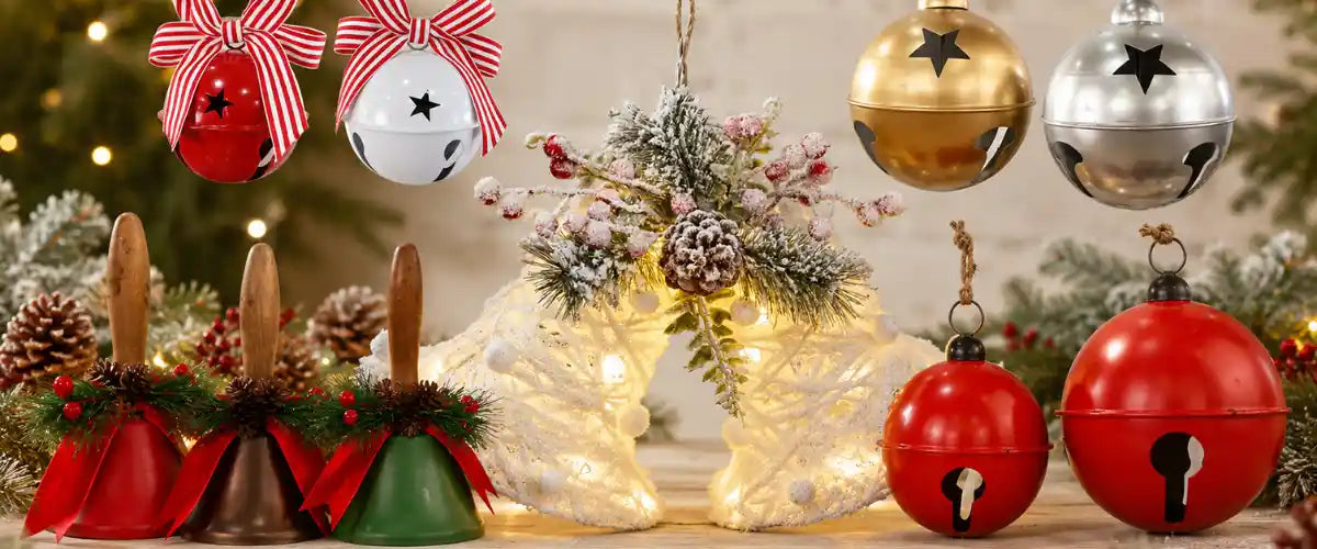 Christmas Bells & Nutbells featuring festive hanging bell decorations in classic holiday colours, perfect for doors, trees, wreaths and seasonal displays.