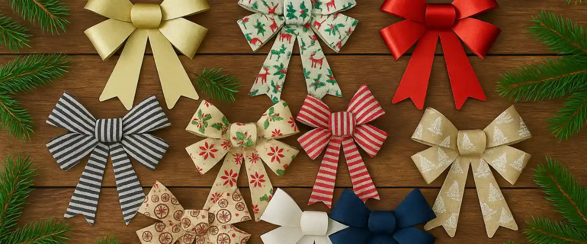 Assorted Christmas bows and ribbons in red, gold, and metallic shades arranged with wrapped holiday gifts and festive decorations.