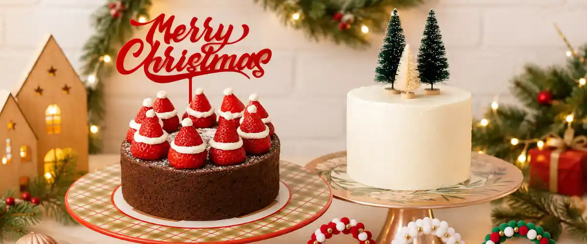 Christmas cake stands and cake toppers featuring festive designs for displaying cakes, desserts and holiday treats at Christmas celebrations.