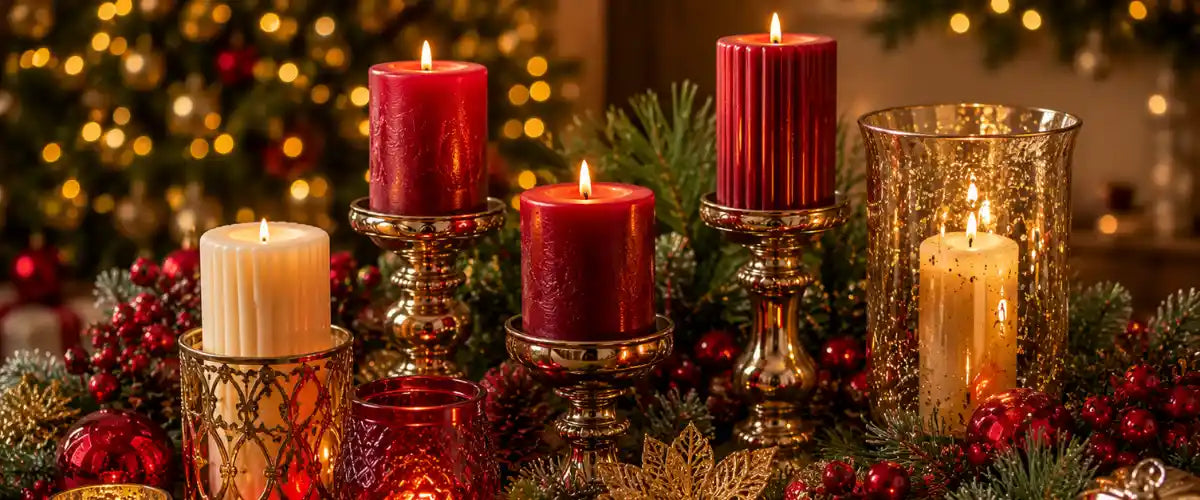 Christmas candles and candle holders featuring festive designs for warm seasonal ambience, holiday table settings and Christmas home décor.