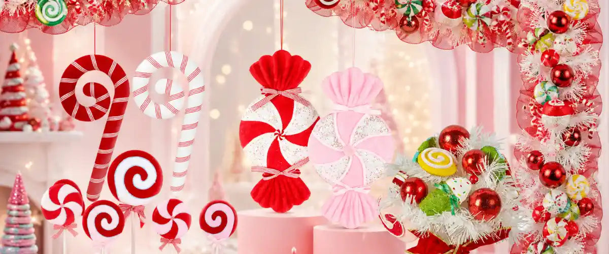 Christmas Candyland range featuring colourful candy-themed decorations, ornaments and festive accents for playful holiday displays.
