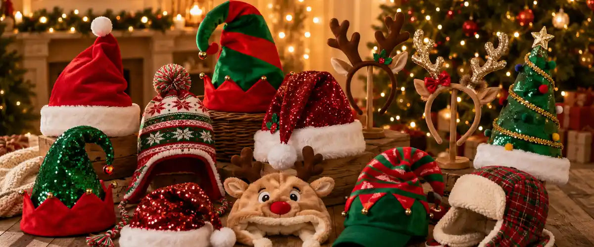 Christmas Caps and Hats featuring festive Santa hats, elf caps and seasonal headwear in classic Christmas colours and fun holiday designs.