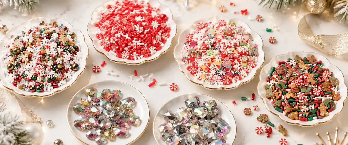 Christmas confetti and decorative pebbles featuring festive colours and designs for table settings, party décor, crafts and holiday displays.