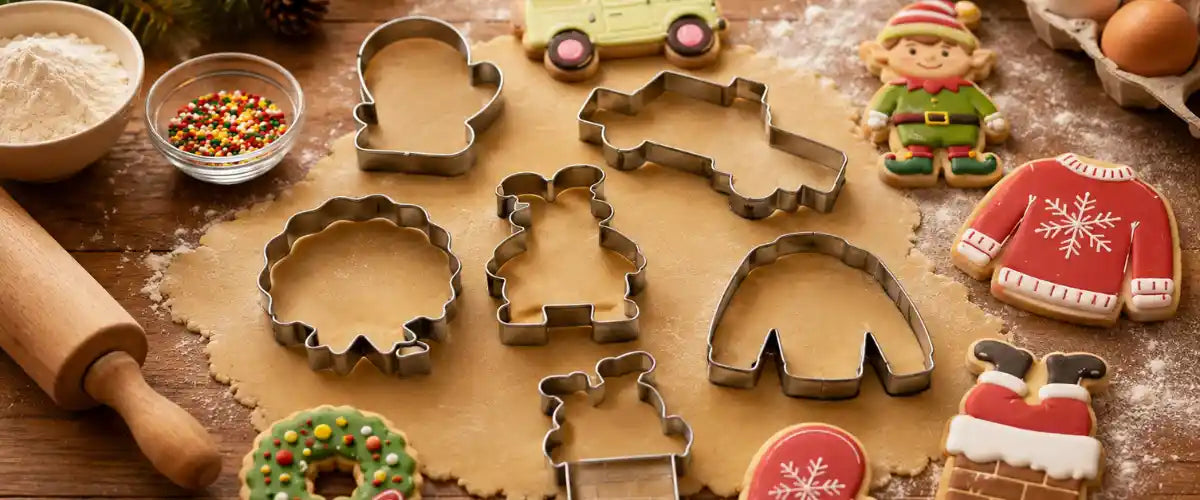 Christmas cookie cutters and baking essentials featuring festive shapes and tools for making holiday cookies, treats and seasonal desserts.