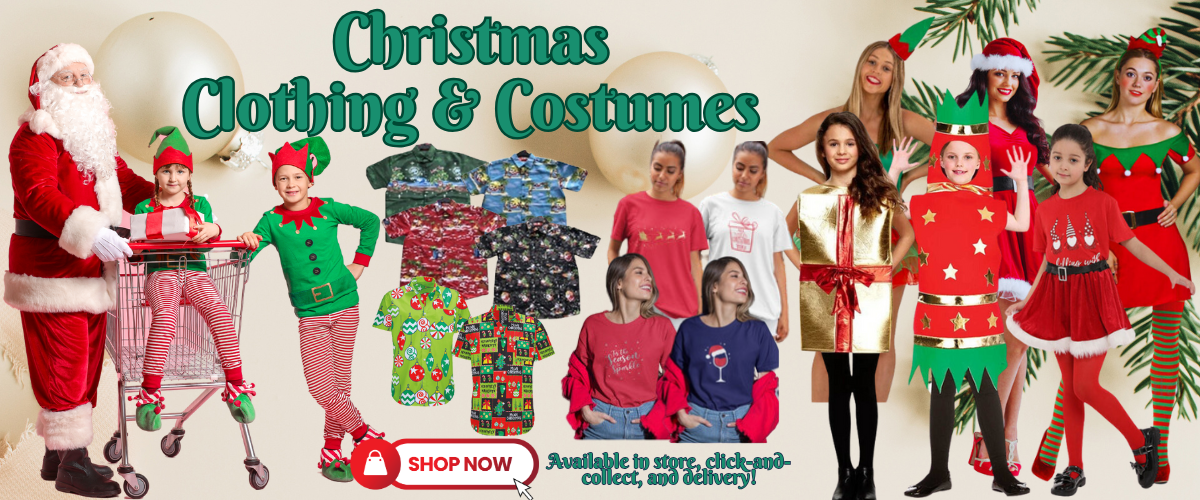 Festive Christmas clothing and costumes, including holiday sweaters, dresses, and accessories for a fun and stylish holiday celebration.