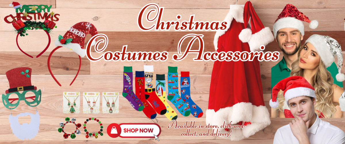Festive Christmas costume accessories including holiday hats, jewelry, socks, scarves, and more to complete your Christmas outfit and add extra cheer.