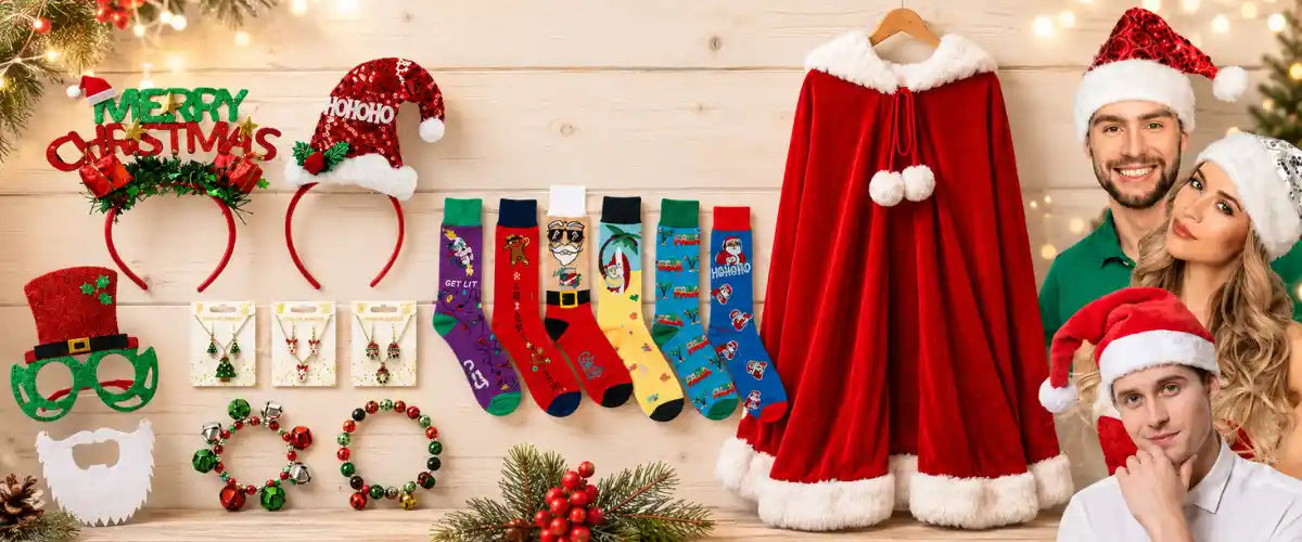 Christmas Costumes & Accessories featuring festive Santa outfits, elf accessories, hats, headwear and seasonal dress-up items for Christmas parties and celebrations.