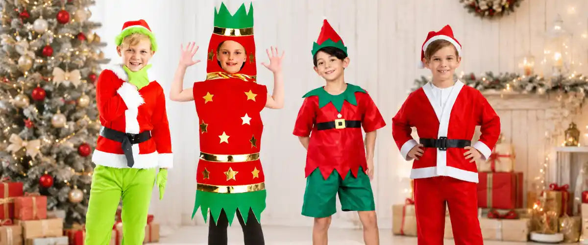 Christmas costumes for boys featuring festive character outfits and accessories for parties, school events and holiday celebrations.