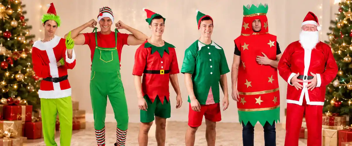 Christmas Costumes for Men featuring festive Santa suits, elf outfits, holiday hats and seasonal dress-up accessories for Christmas parties and celebrations.