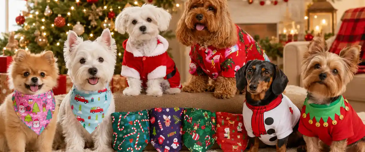Christmas Costumes for Pets featuring festive Santa outfits, elf costumes, holiday hats and seasonal accessories for dogs and cats.