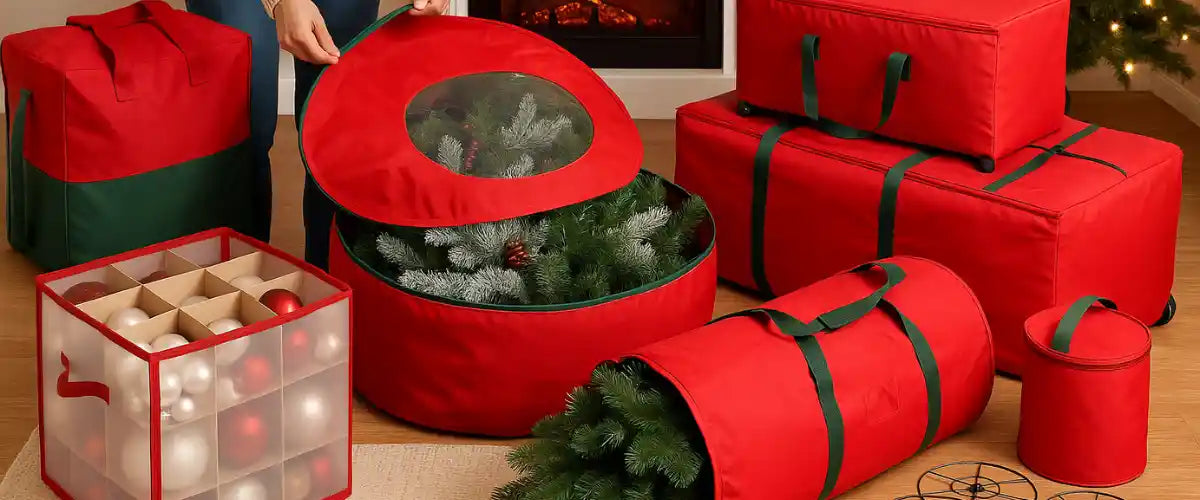 Christmas decoration storage bags for safely organising and protecting ornaments, lights, wreaths and other seasonal décor between holidays.