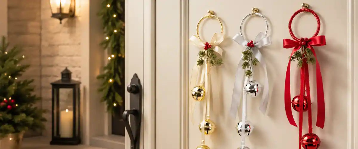 Christmas door hangers with red, gold and silver bells, ribbons, greenery and berries displayed on a front door with festive holiday décor.