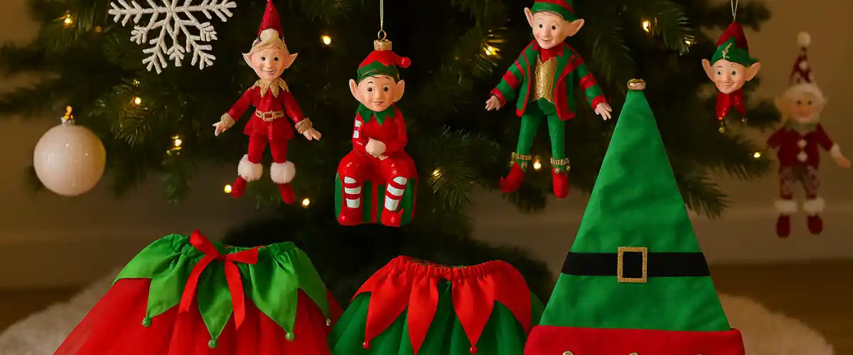 Christmas Elf Hanging Decors and Accessories featuring festive elf ornaments, hanging decorations and seasonal accessories in classic red, green and gold holiday colours.