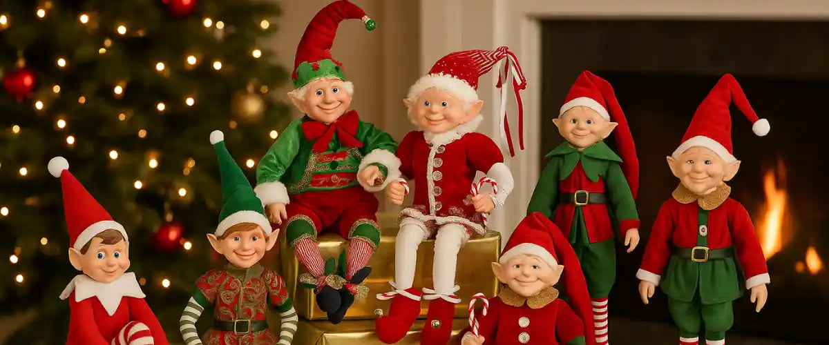 Festive Christmas elf tabletop decorations featuring colorful elves with glittery outfits arranged on a holiday table display.