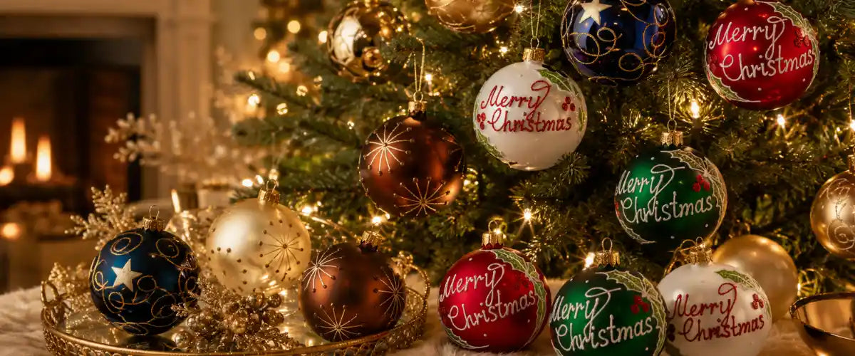 Christmas European hand-decorated glass baubles featuring intricate festive designs and elegant finishes for beautifully styled Christmas trees.