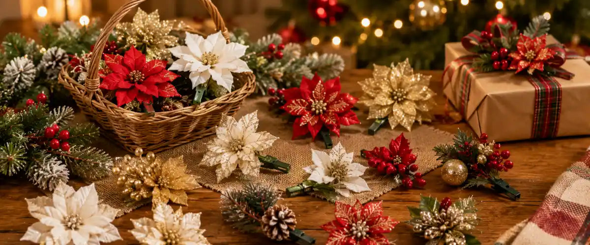 Christmas flower clips featuring red, white and gold poinsettias with festive berries, greenery and pinecones arranged on a rustic holiday table.