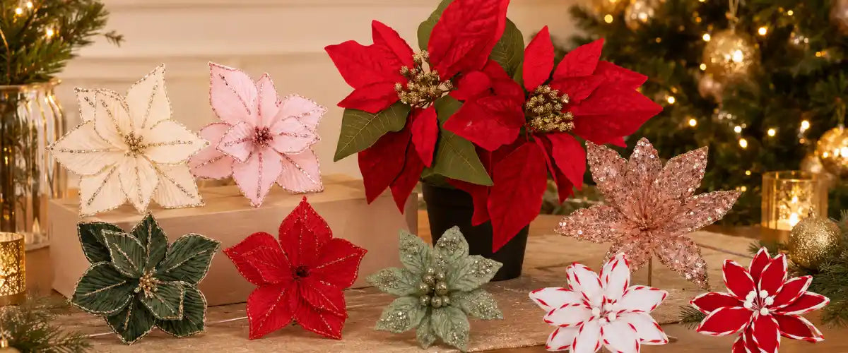 Christmas flowers collection with festive floral designs for holiday decorating