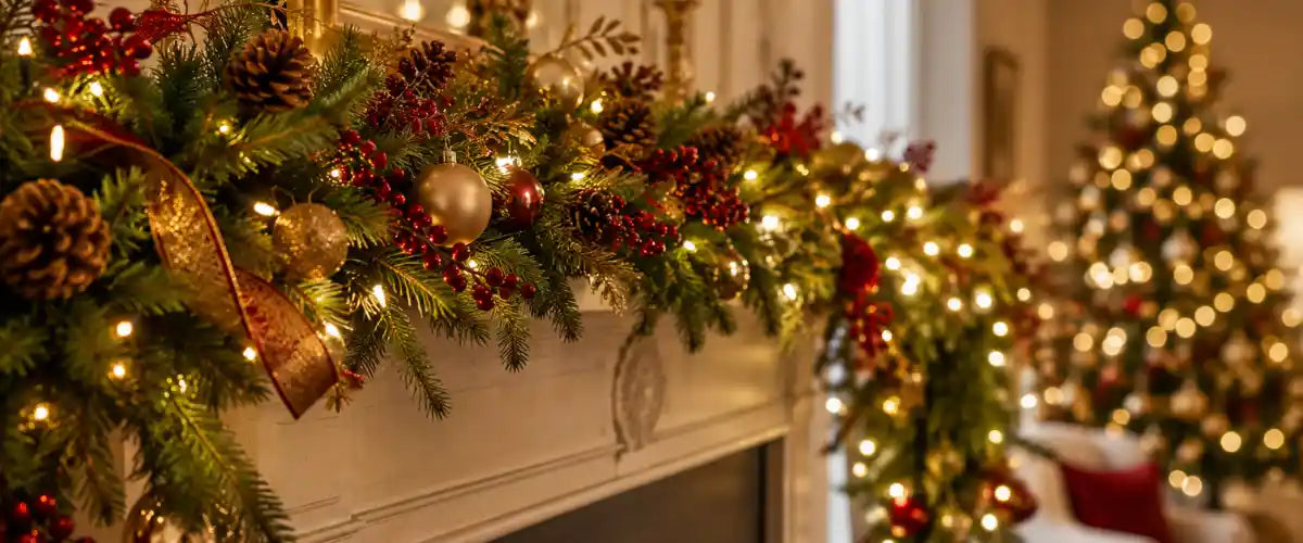 Christmas garlands collection featuring festive greenery, ornaments and decorative accents for mantels, stairways, tables and holiday displays.