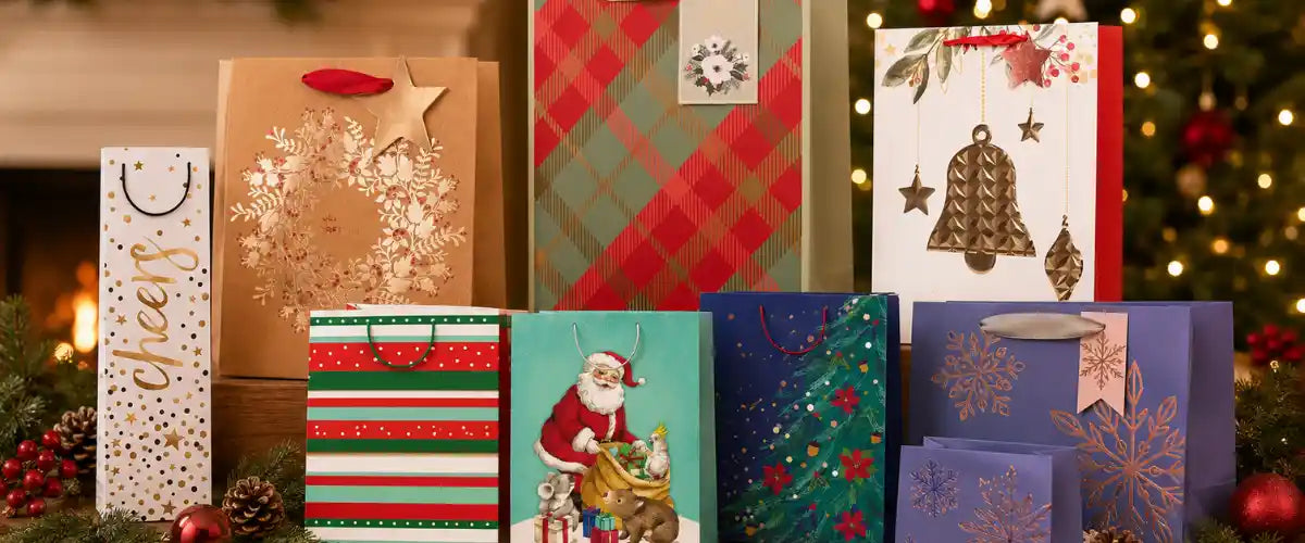 Christmas gift bags collection with assorted festive designs for holiday gifting