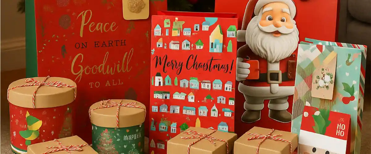 Christmas gift bags and boxes collection with assorted festive designs for holiday gifting