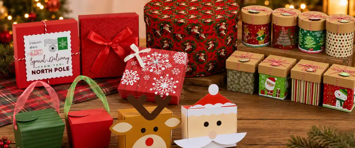 Christmas gift boxes featuring festive designs for beautifully presenting presents, treats and holiday gifts for family and friends.