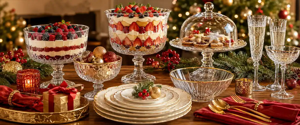 Christmas trifle bowl displayed with festive holiday dessert