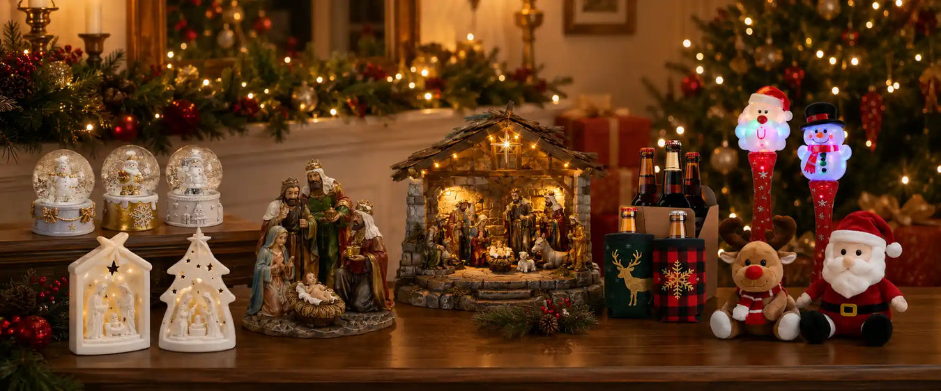 Festive Christmas gifts including toys, novelty items, nativities, figurines, candies, and chocolates to delight everyone on your holiday gift list.