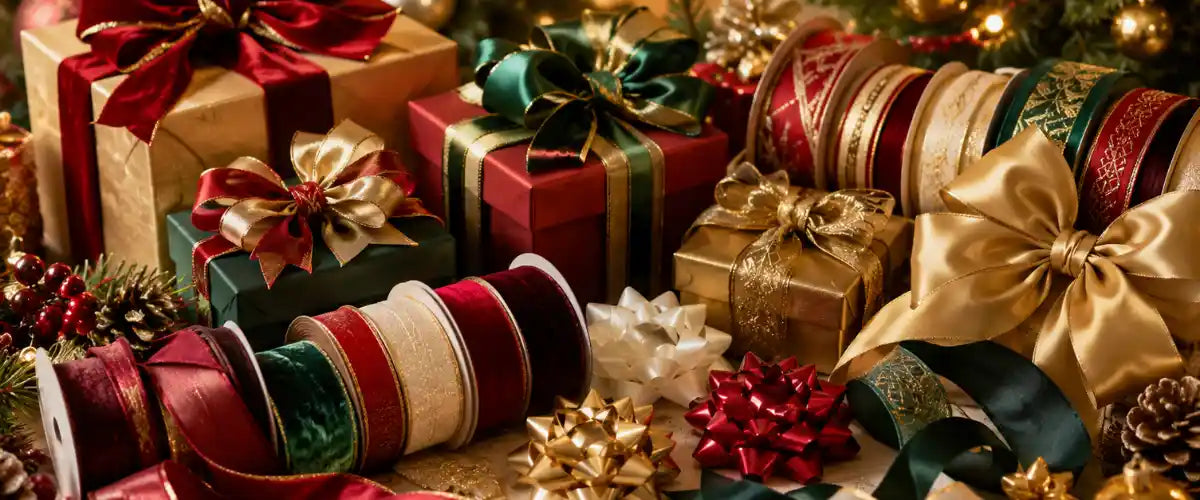 Christmas gift ribbons and bows collection with assorted festive colours for holiday wrapping