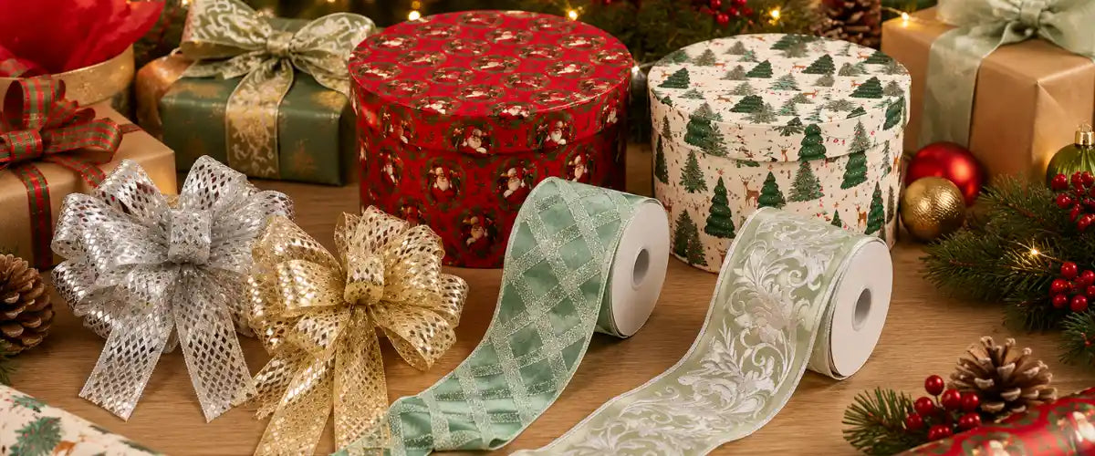 Christmas gift wrapping essentials, including festive gift bags, wrapping paper, ribbons, tags, and greeting cards to add a special touch to your presents.