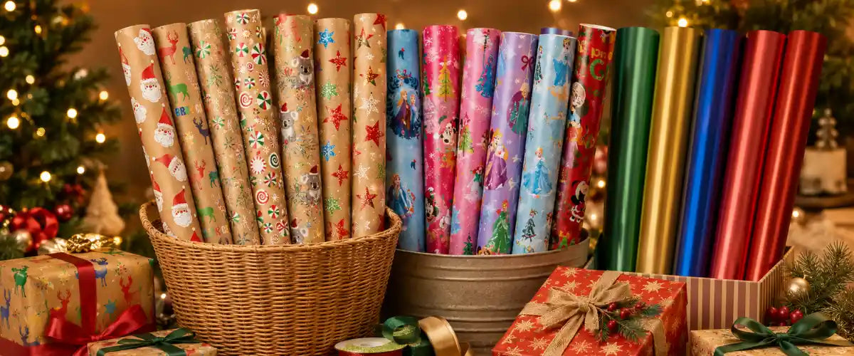 Christmas gift wraps collection with festive designs for holiday presents and gifting